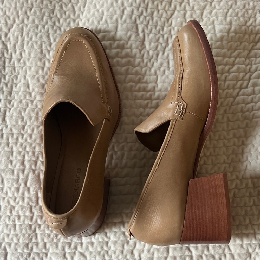 Bernardo Tan Leather Loafers with Wooden Block Heel